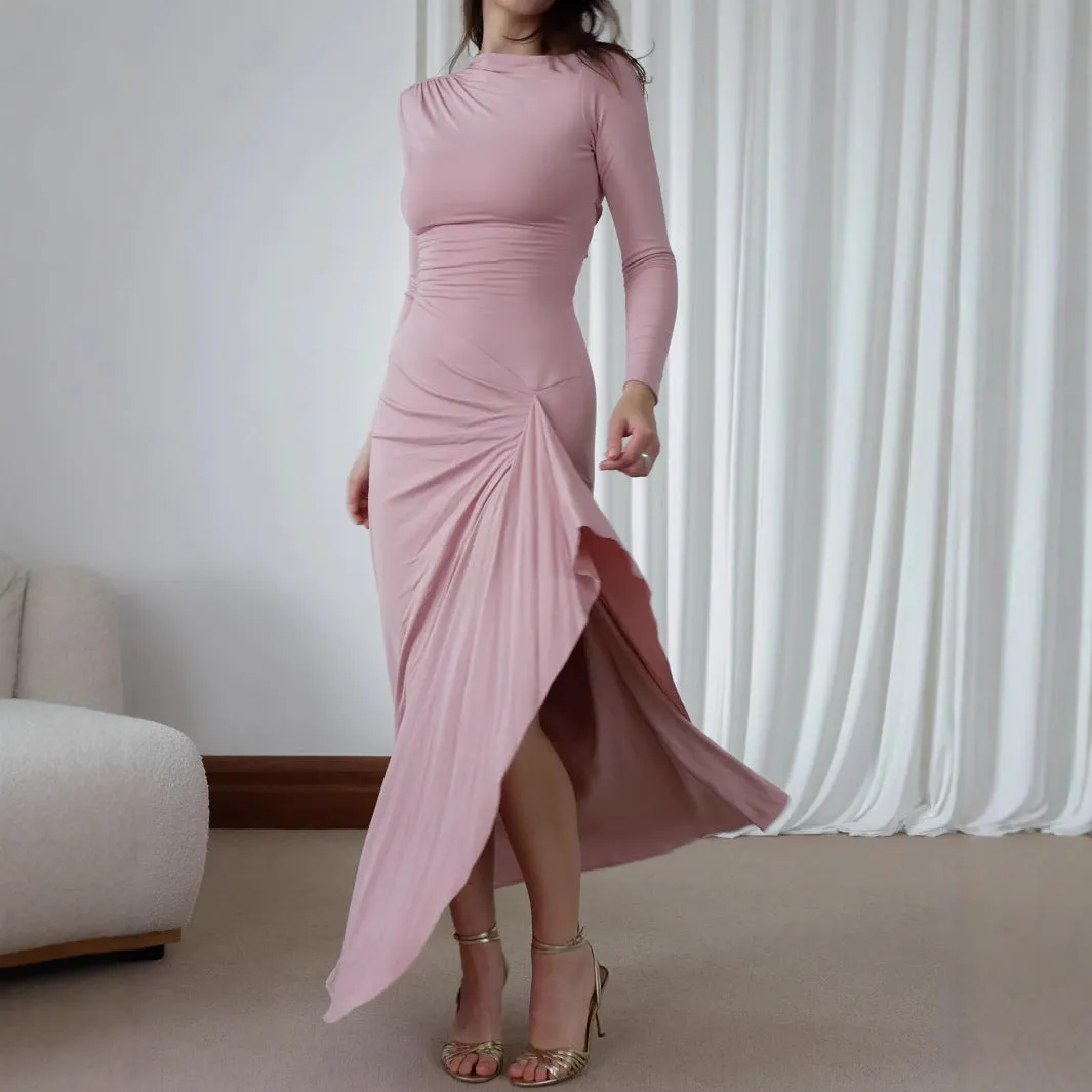 Elegant Long-Sleeve High-Neck Maxi Dress with Ruffled Slit Detail