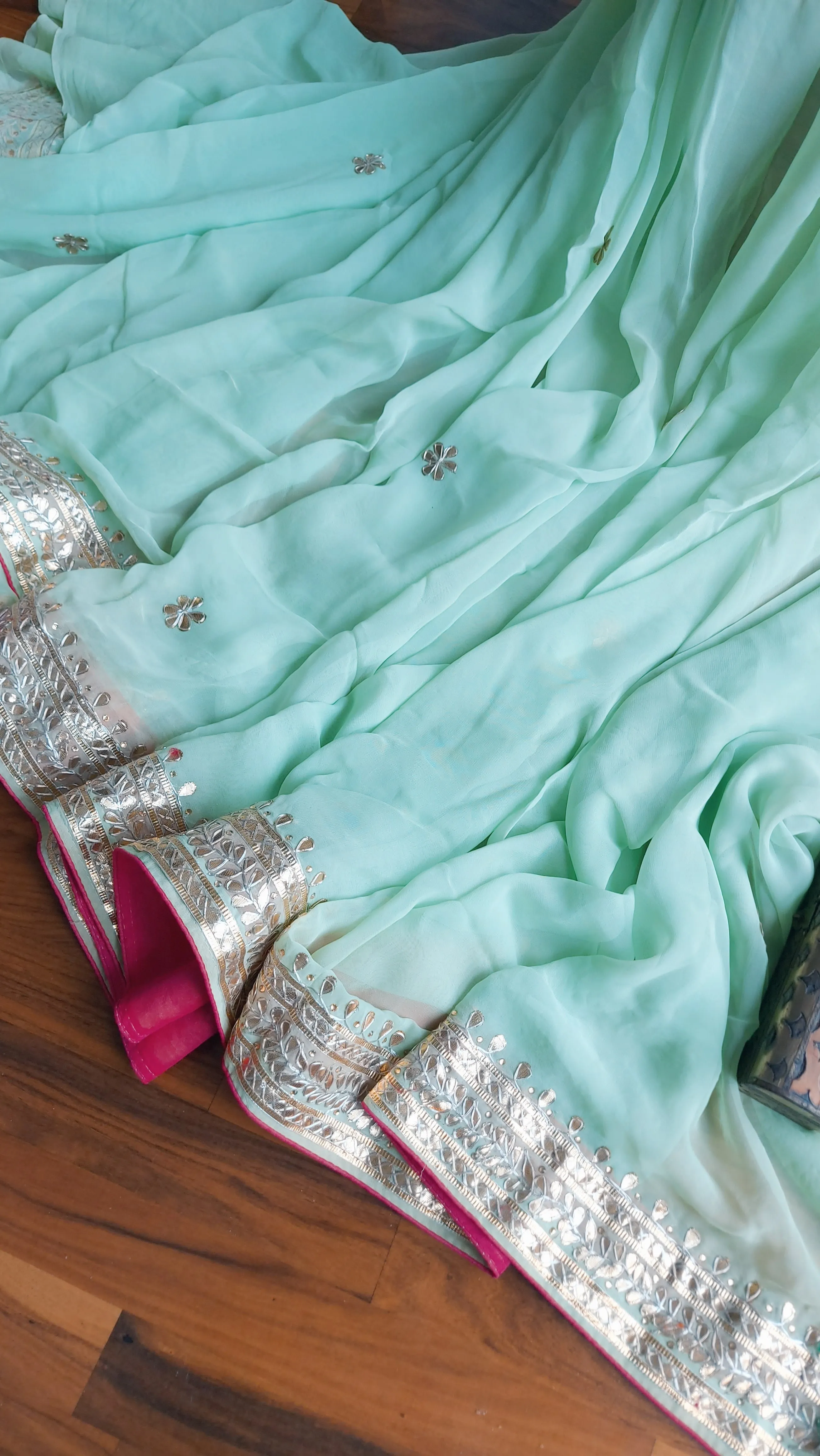 Elegant Mint Blue Georgette Saree with Gota work