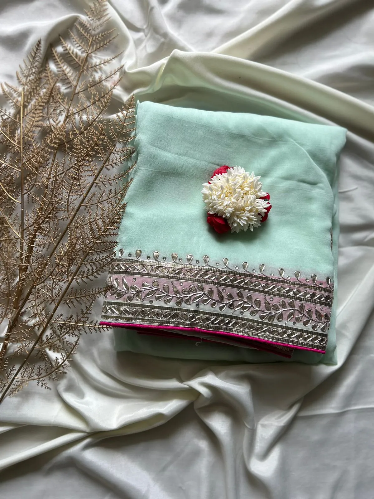 Elegant Mint Blue Georgette Saree with Gota work