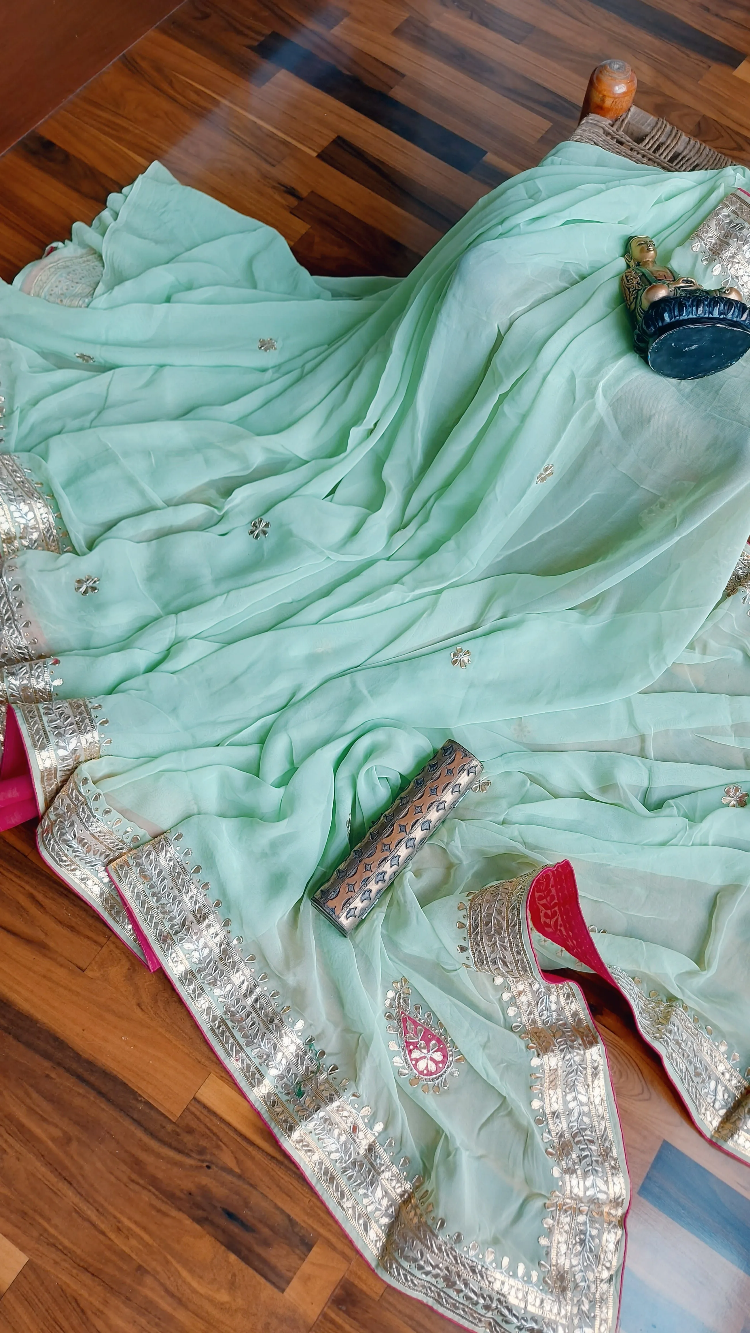Elegant Mint Blue Georgette Saree with Gota work