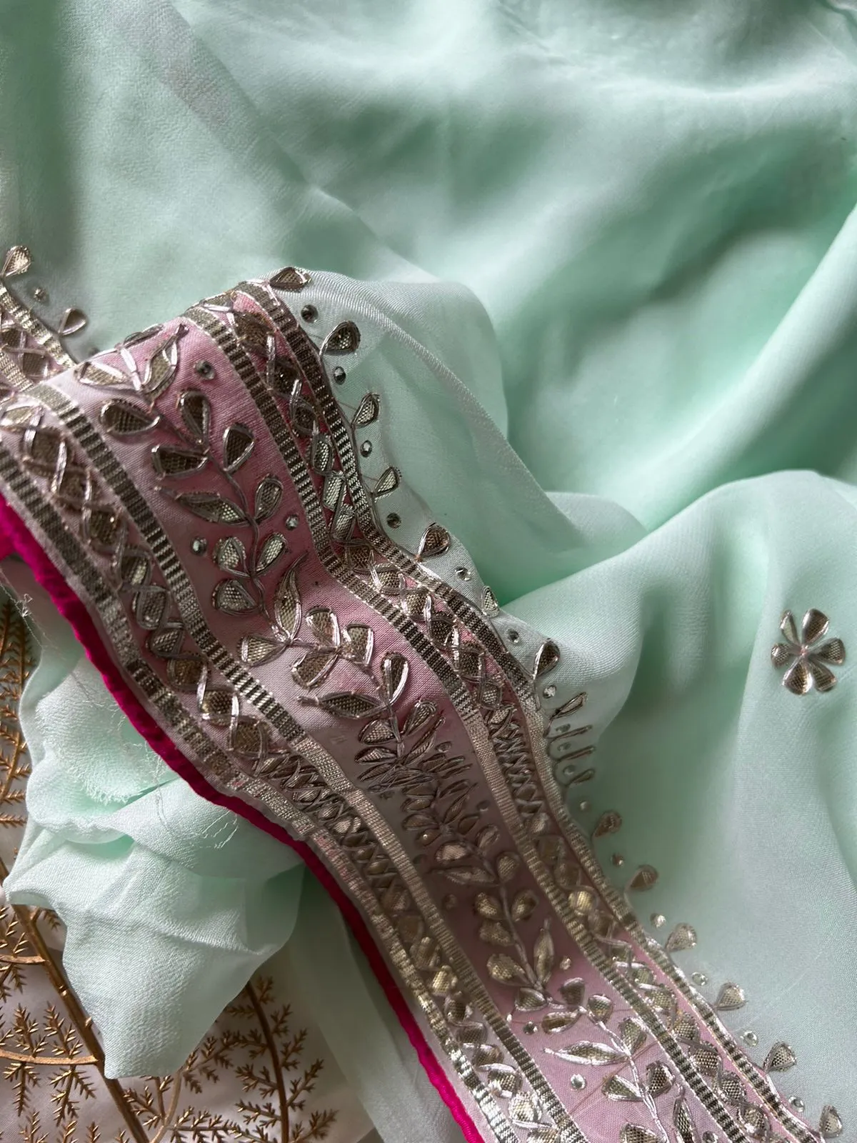 Elegant Mint Blue Georgette Saree with Gota work