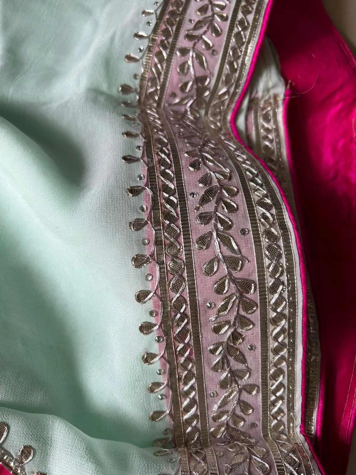 Elegant Mint Blue Georgette Saree with Gota work