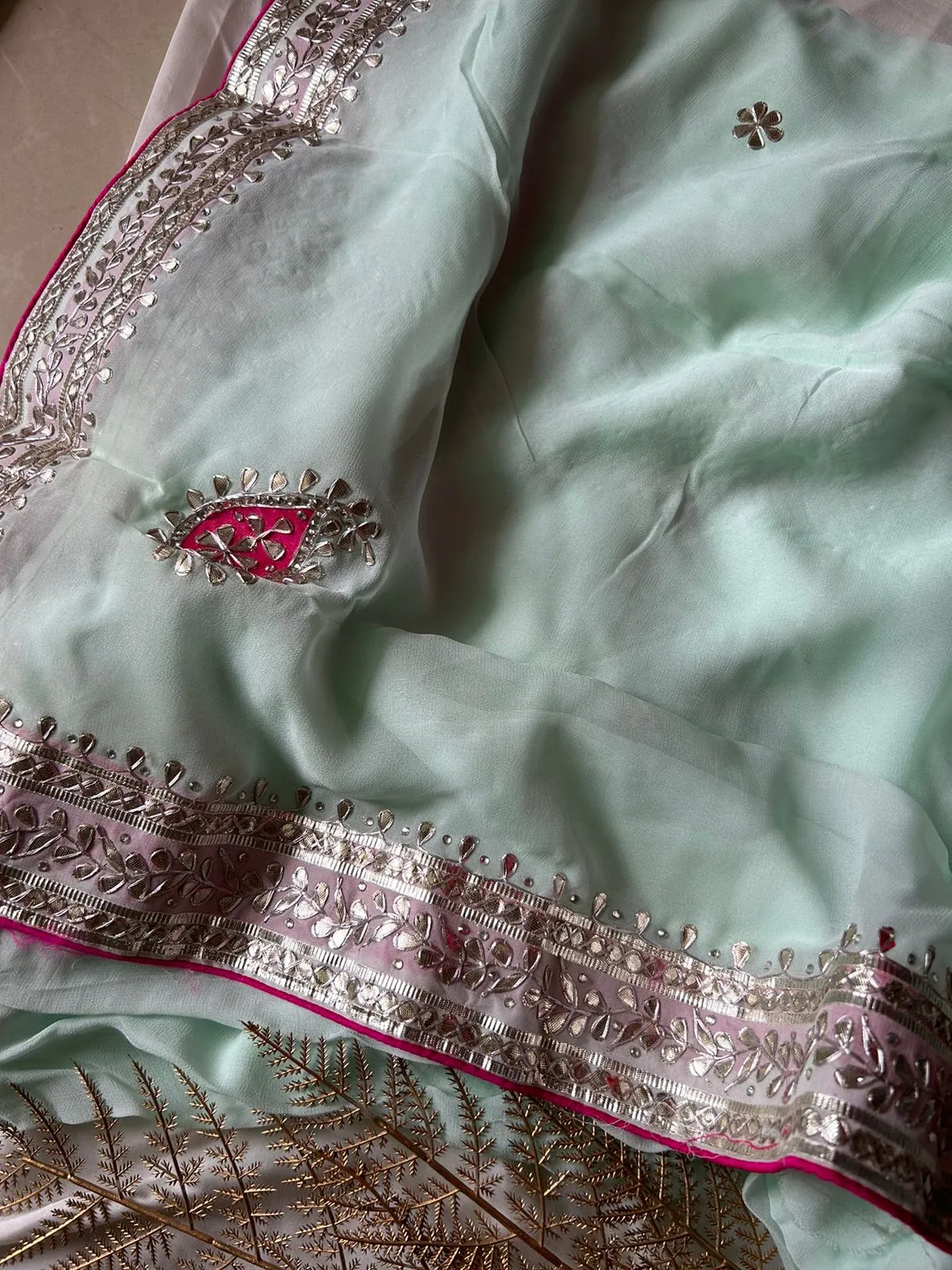 Elegant Mint Blue Georgette Saree with Gota work