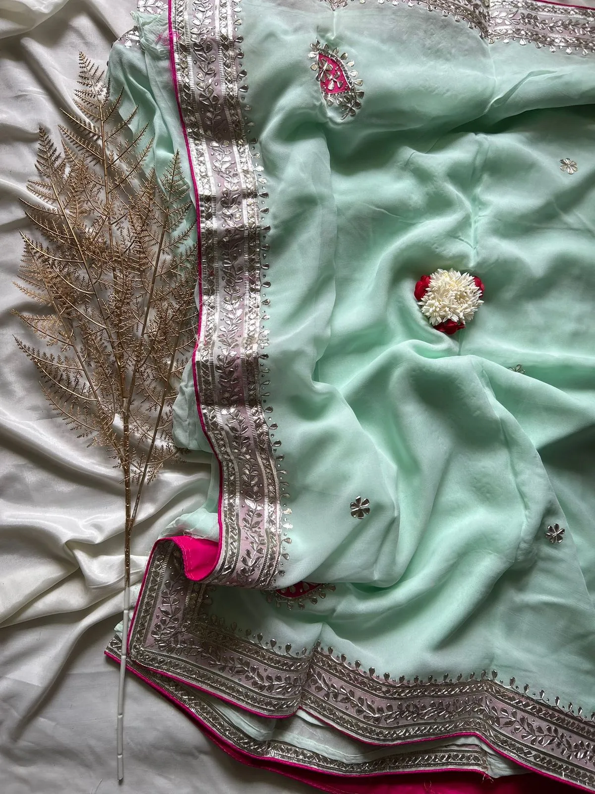 Elegant Mint Blue Georgette Saree with Gota work
