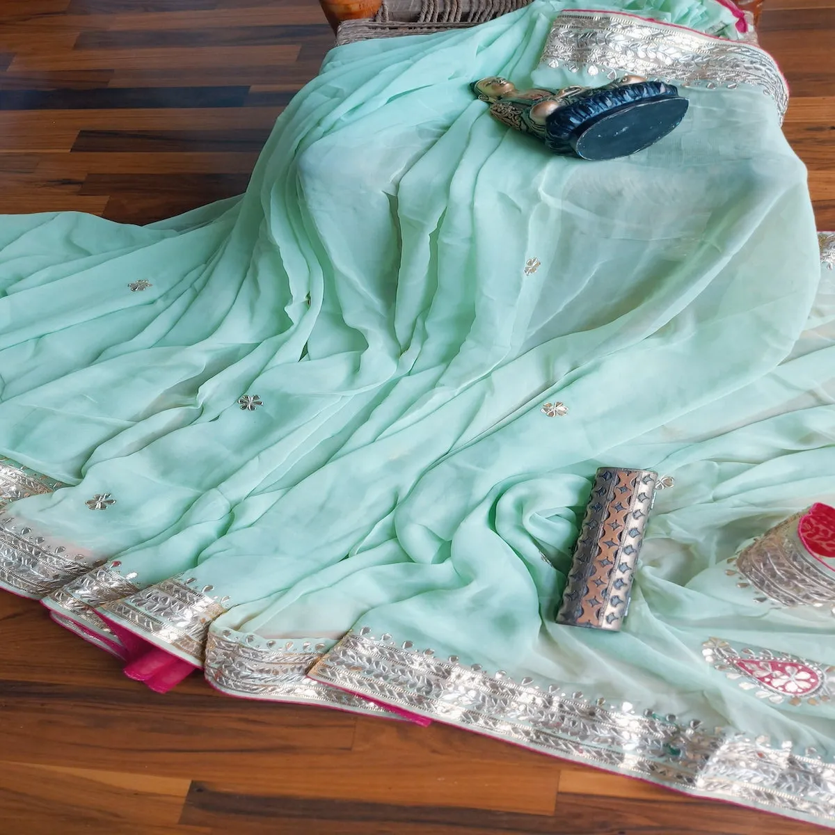 Elegant Mint Blue Georgette Saree with Gota work