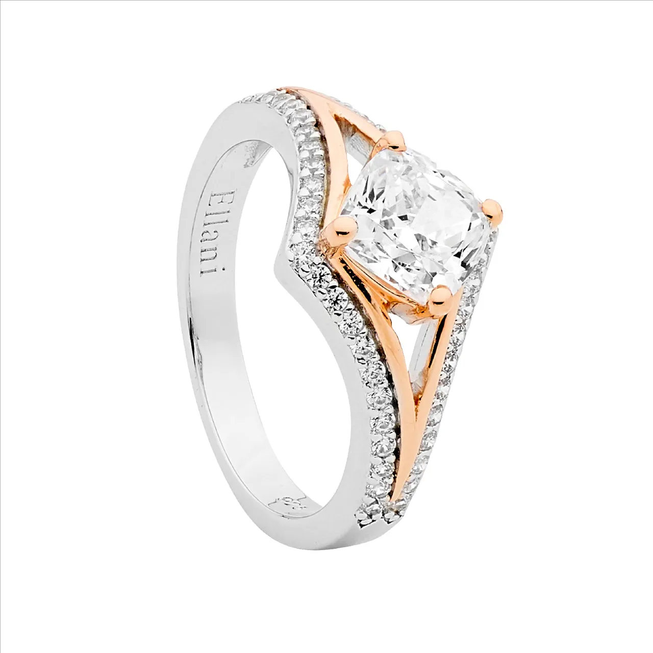 Ellani Sterling Silver With Rose Plated Open V Cubic Zirconia Ring R504R