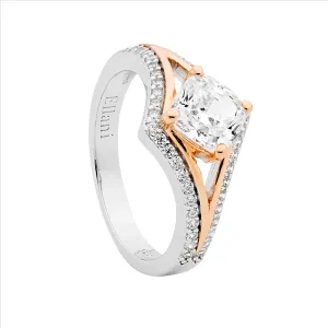 Ellani Sterling Silver With Rose Plated Open V Cubic Zirconia Ring R504R
