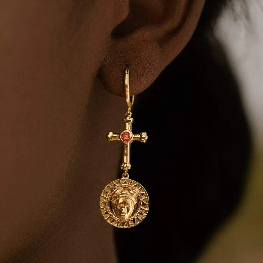 Faces Earrings with Red Garnet in 14K Gold