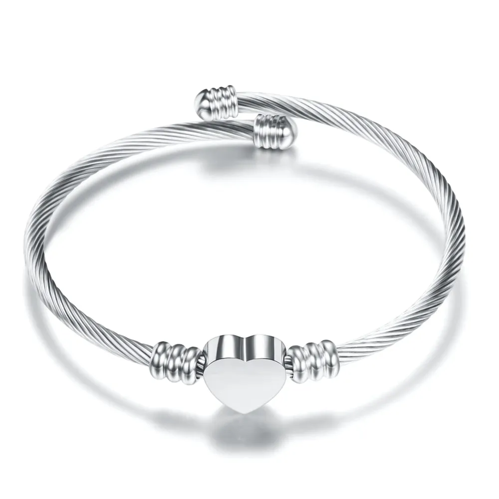Fashion 3Colors Jewelry Women's Stainless Steel Twisted Cable Wire Heart Charm Bracelet Bangle