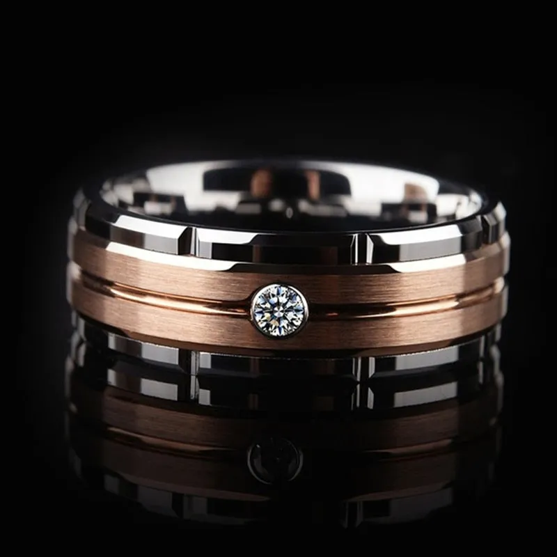 Fashion 8mm Men&#39;s Double Groove Beveled Steel Ring Rose Gold Color Brushed Inlay AAA Zircon Ring Men&#39;s Wedding Band Jewelry Gift