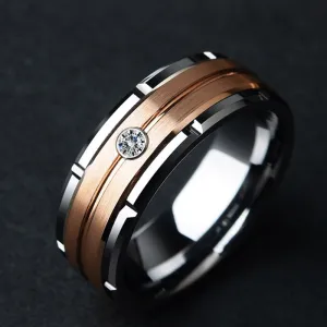 Fashion 8mm Men&#39;s Double Groove Beveled Steel Ring Rose Gold Color Brushed Inlay AAA Zircon Ring Men&#39;s Wedding Band Jewelry Gift