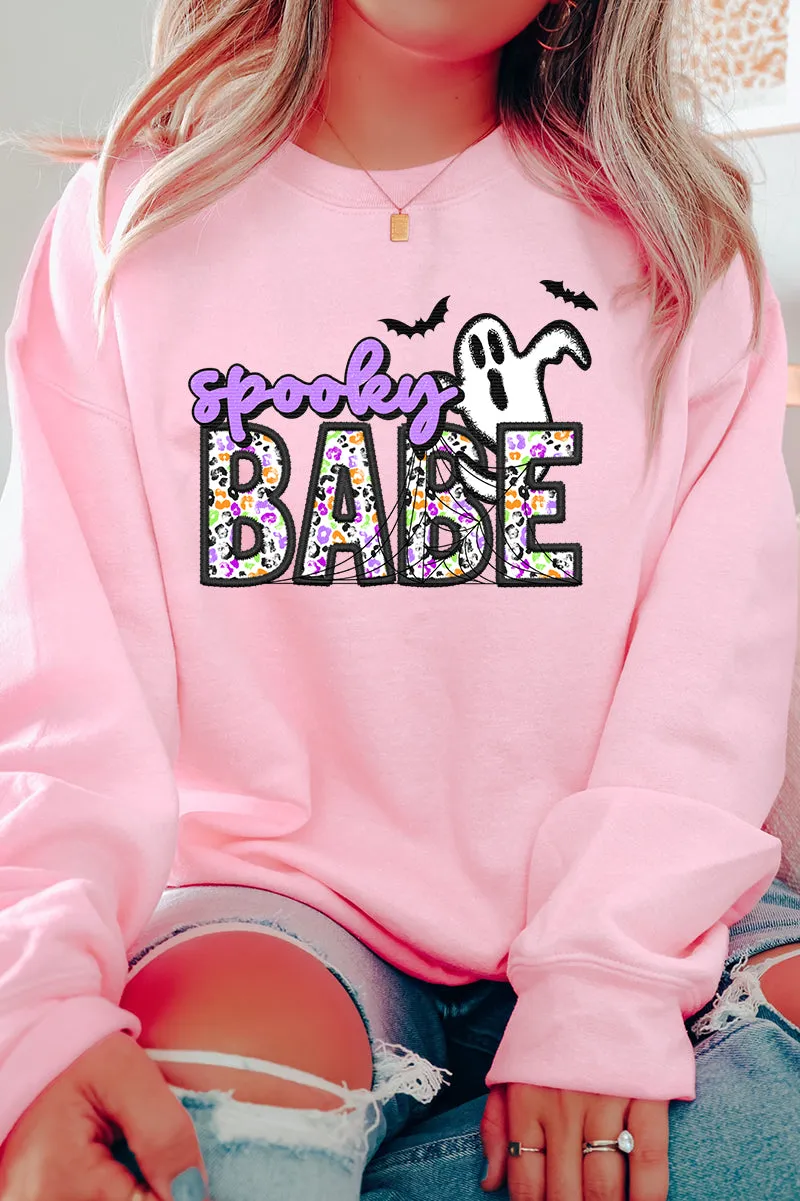 Faux Embroidery Spooky Babe Transfer Heavy-weight Crew Sweatshirt