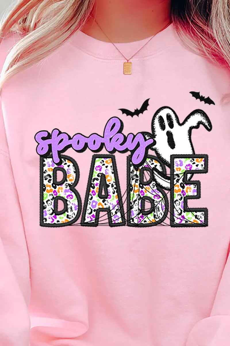 Faux Embroidery Spooky Babe Transfer Heavy-weight Crew Sweatshirt