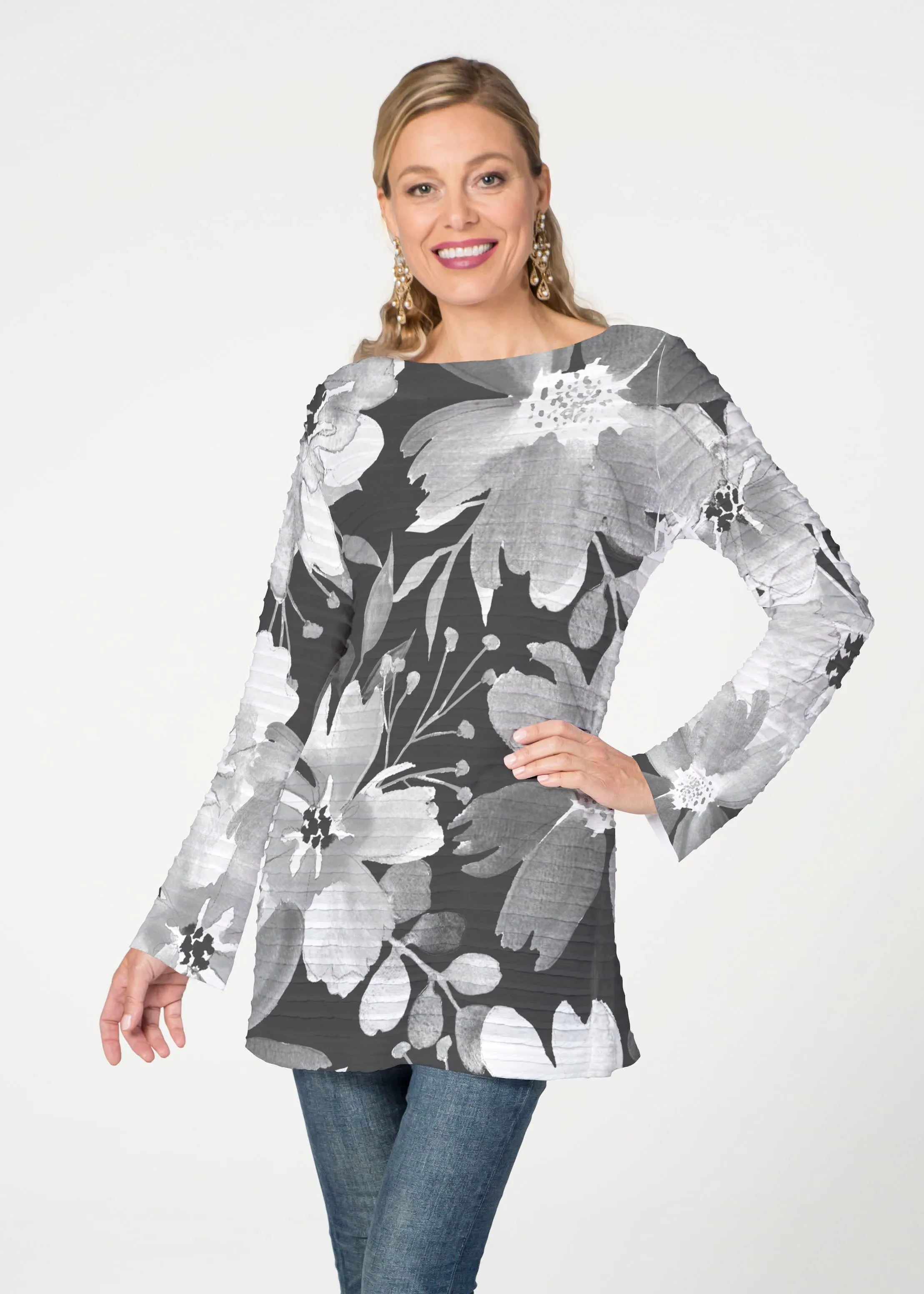 Festive Bloom Black (8174) ~ Banded Boatneck Tunic