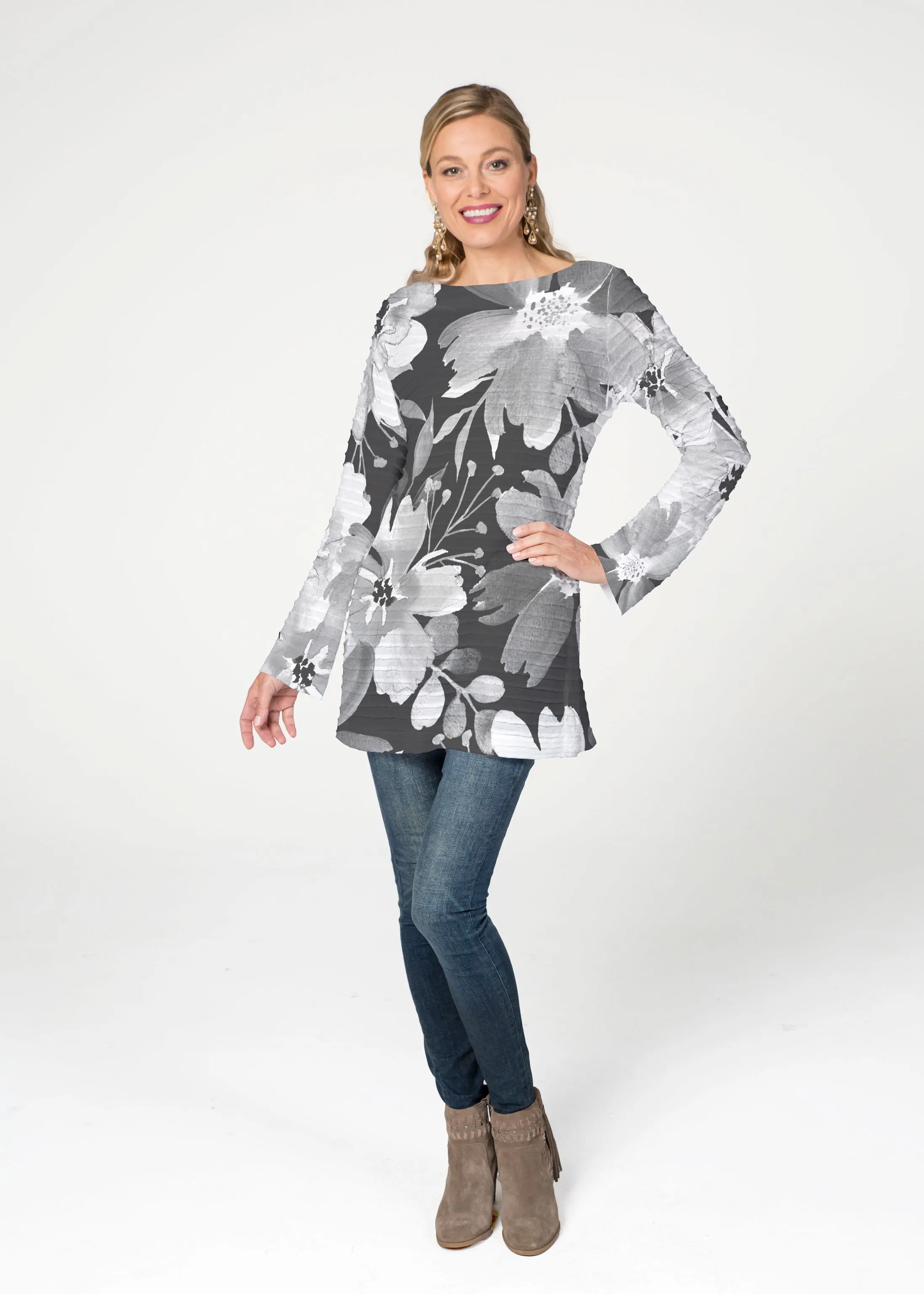 Festive Bloom Black (8174) ~ Banded Boatneck Tunic
