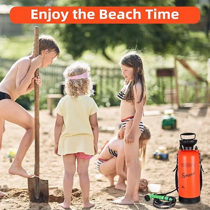 Finderomend 2.1 Gallon Portable Shower for Camping with 7 Spray Modes, Hand Press Camping Shower with Removable Hose and Shower Head,8L Pressure Rinse Kits for Hiking Traveling Garden Beach Pet Shower