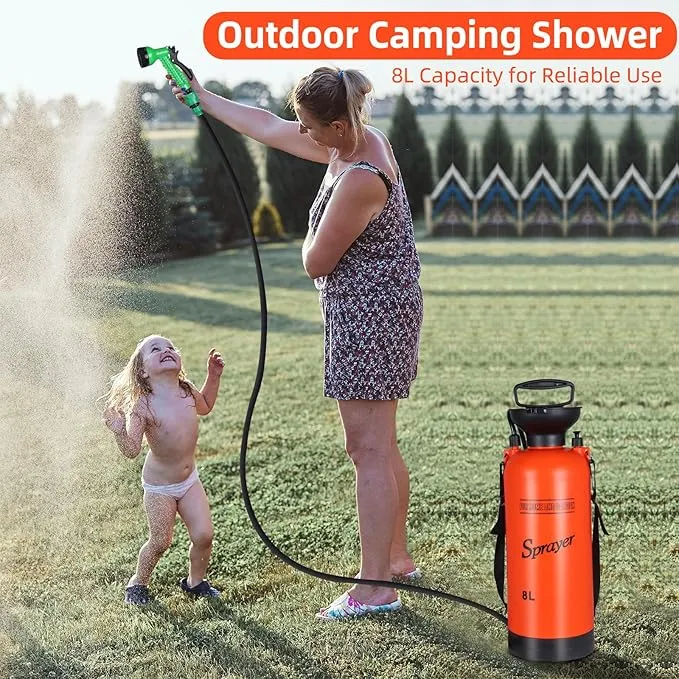 Finderomend 2.1 Gallon Portable Shower for Camping with 7 Spray Modes, Hand Press Camping Shower with Removable Hose and Shower Head,8L Pressure Rinse Kits for Hiking Traveling Garden Beach Pet Shower