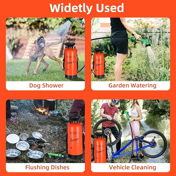 Finderomend 2.1 Gallon Portable Shower for Camping with 7 Spray Modes, Hand Press Camping Shower with Removable Hose and Shower Head,8L Pressure Rinse Kits for Hiking Traveling Garden Beach Pet Shower