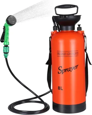 Finderomend 2.1 Gallon Portable Shower for Camping with 7 Spray Modes, Hand Press Camping Shower with Removable Hose and Shower Head,8L Pressure Rinse Kits for Hiking Traveling Garden Beach Pet Shower