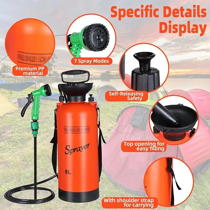 Finderomend 2.1 Gallon Portable Shower for Camping with 7 Spray Modes, Hand Press Camping Shower with Removable Hose and Shower Head,8L Pressure Rinse Kits for Hiking Traveling Garden Beach Pet Shower