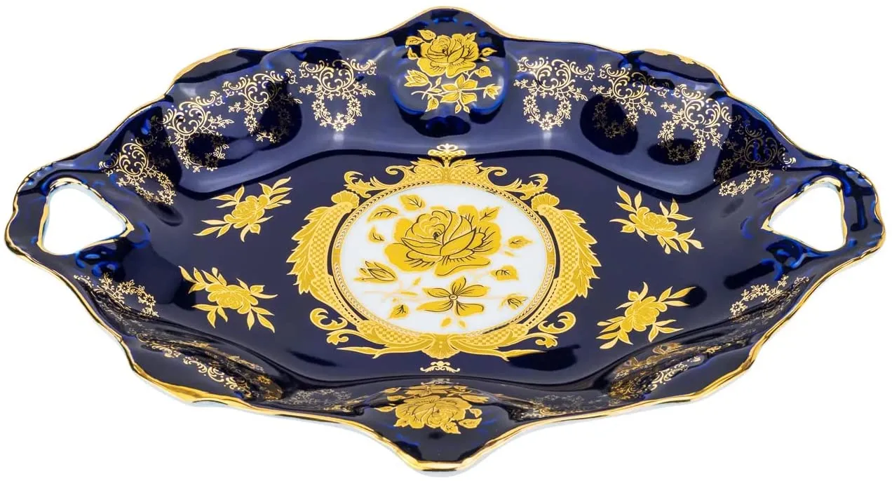 Fine Porcelain Cobalt Blue Serving Tray with Gold Floral Ornament and Handles