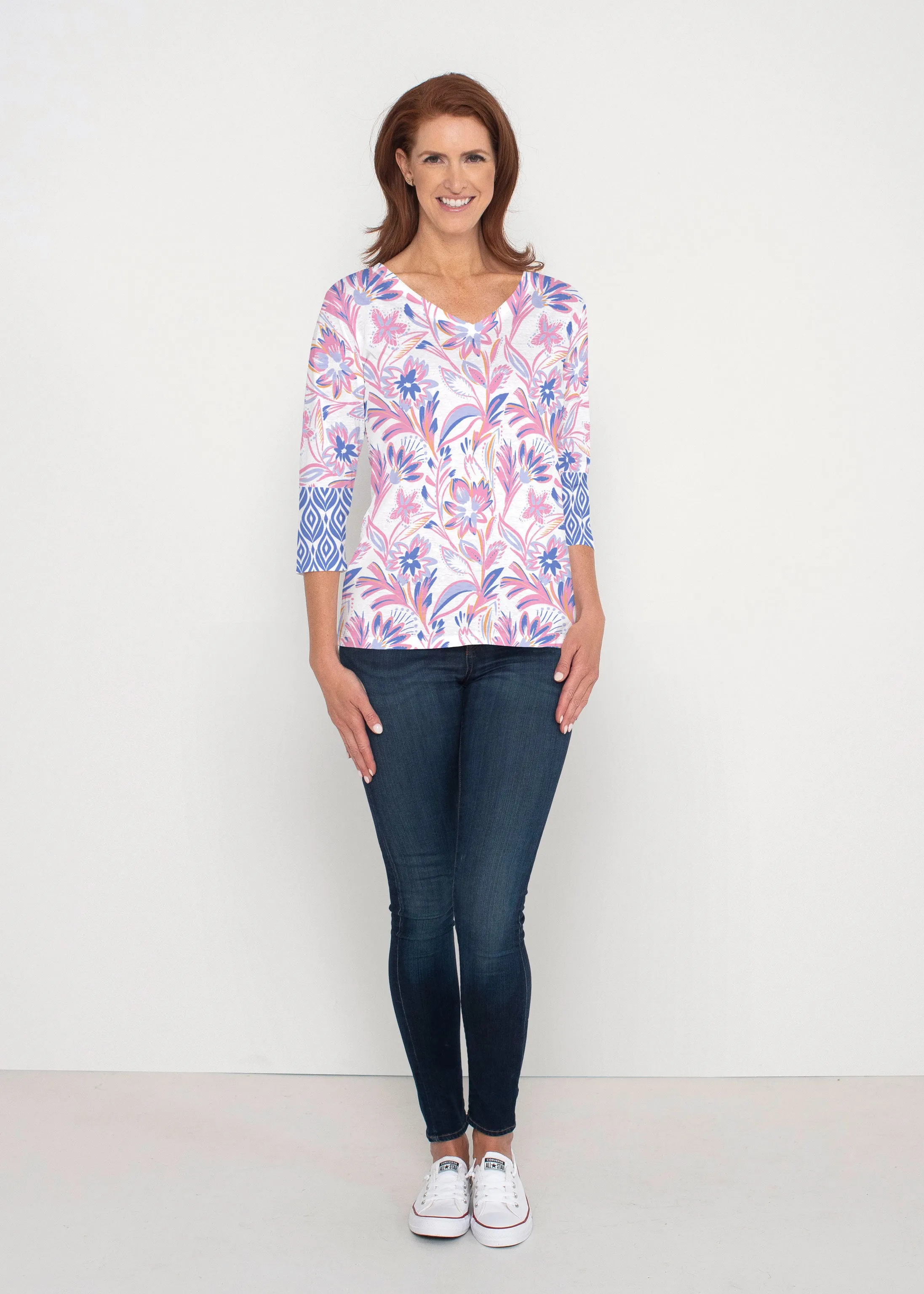Floral Buds Pink (8032) ~ Signature 3/4 Sleeve V-Neck Top