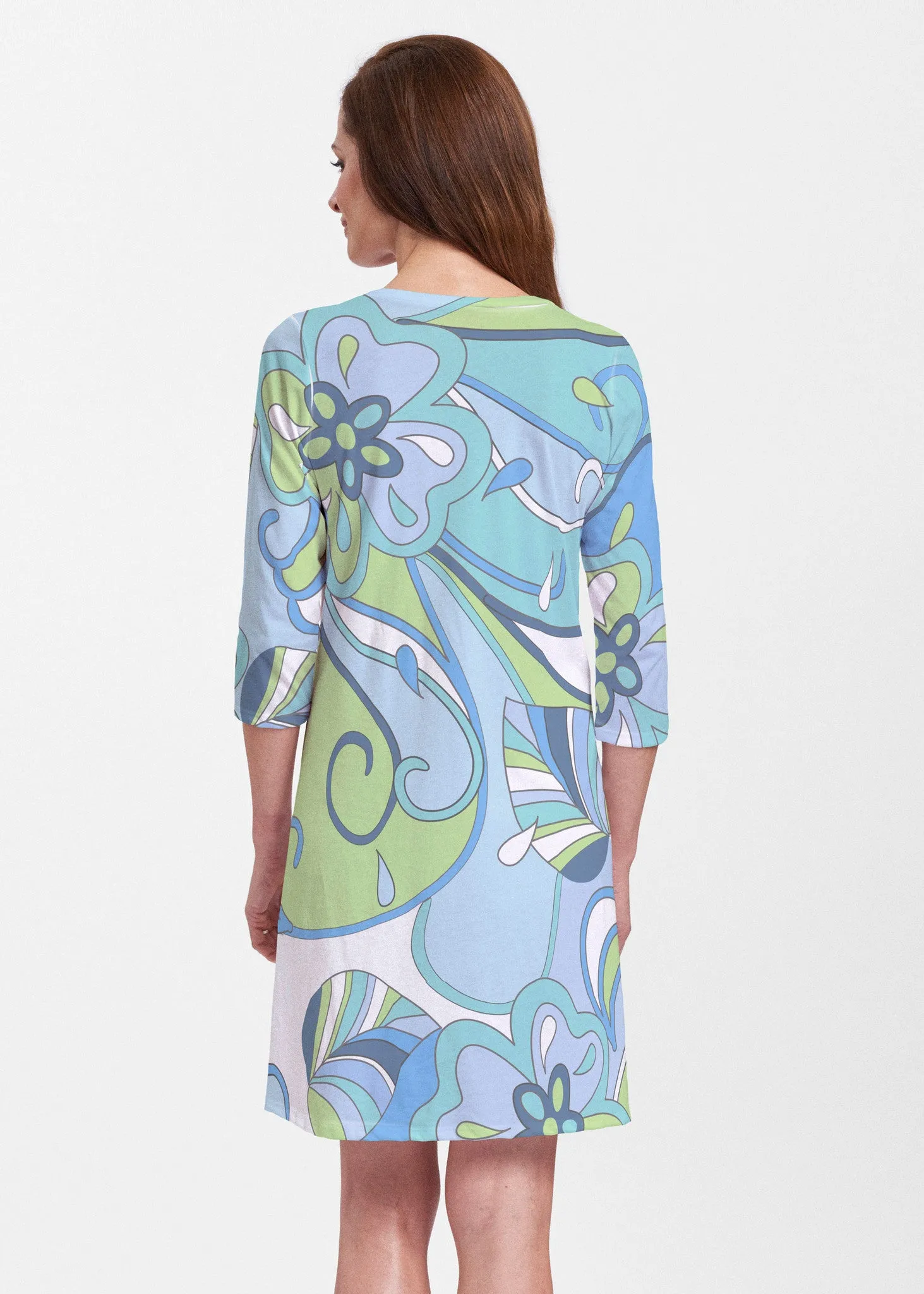 Floral Spritz Turquoise (22093) ~ Classic V-neck Swing Dress