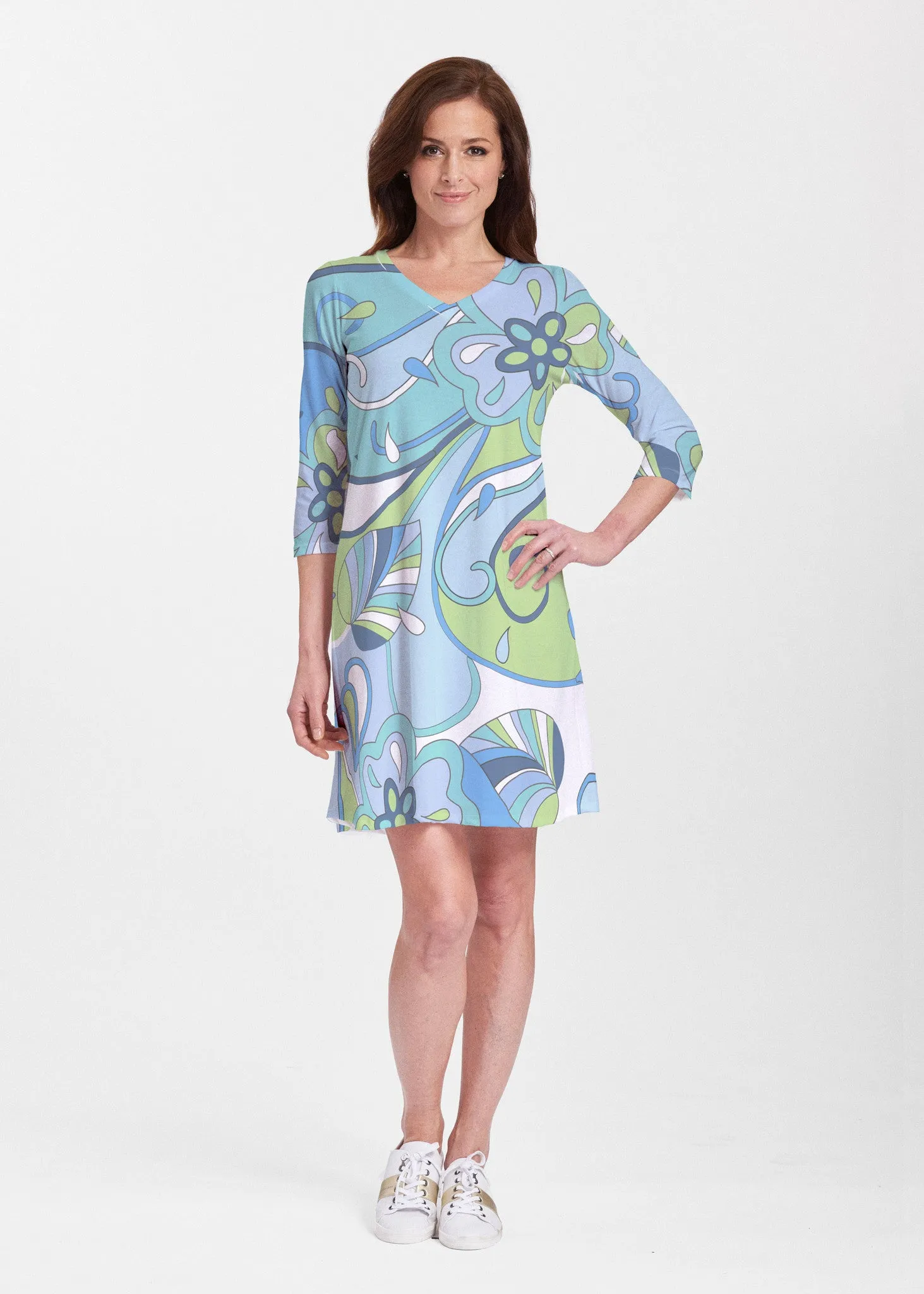 Floral Spritz Turquoise (22093) ~ Classic V-neck Swing Dress