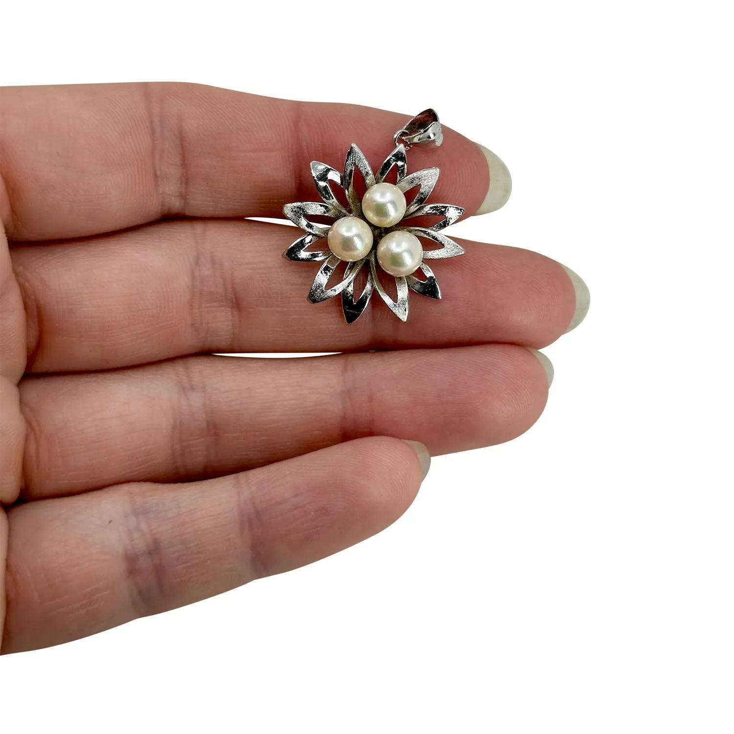 Flower Leaf MCM Japanese Saltwater Cultured Akoya Vintage Charm Pendant- Sterling Silver