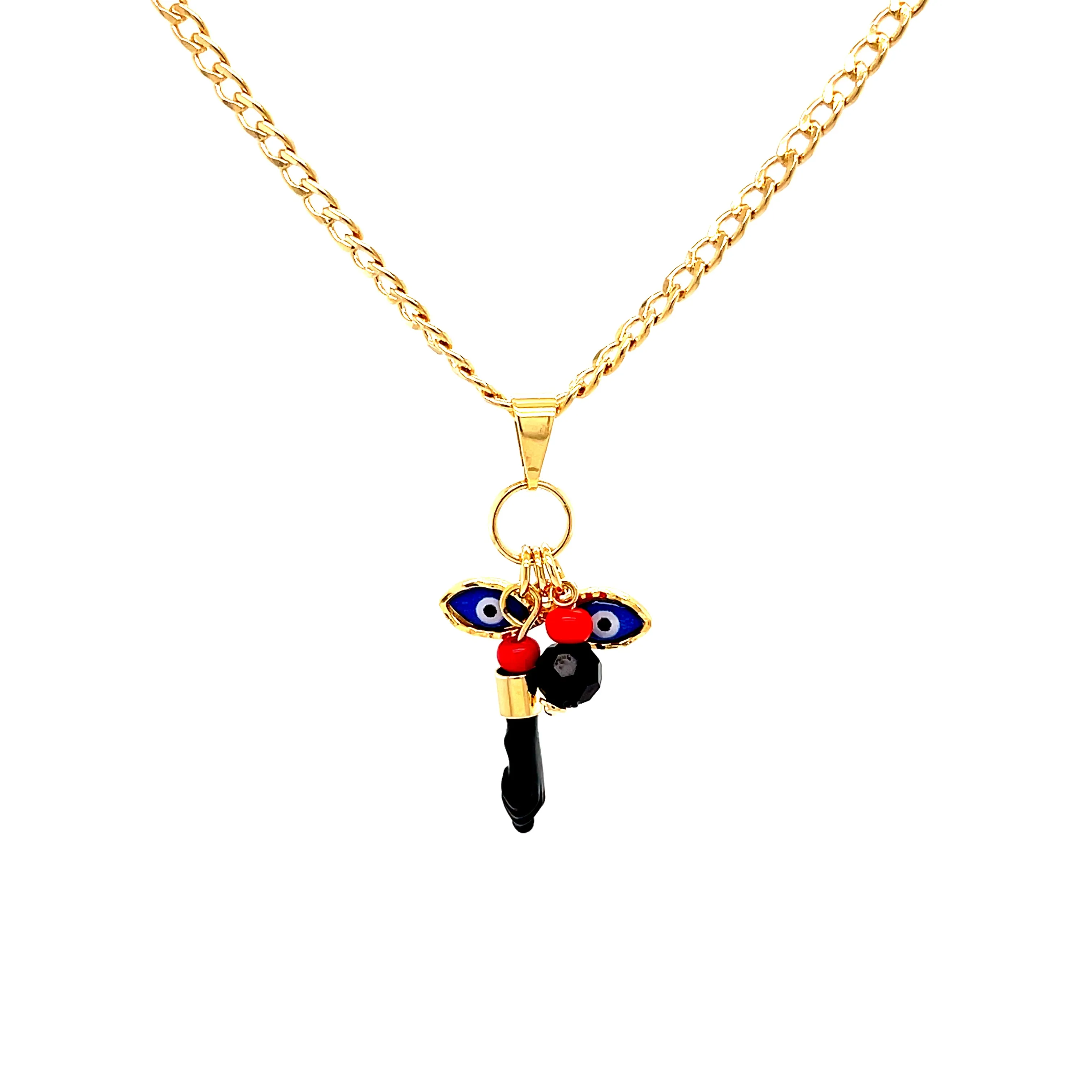 Genuine Azabache Stone Blue Evil Eye Figa Hand 14k Gold filled cuban link chain necklace