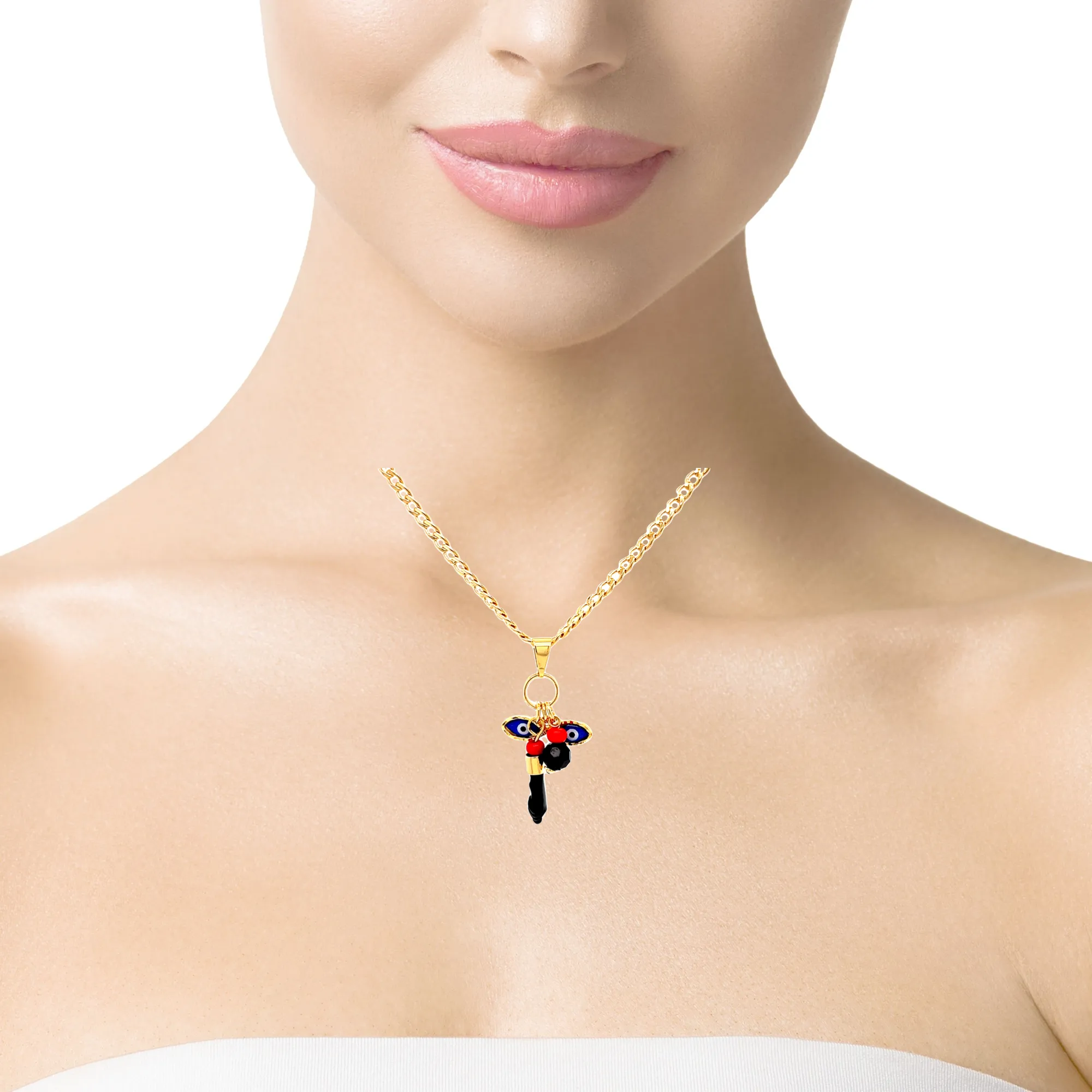 Genuine Azabache Stone Blue Evil Eye Figa Hand 14k Gold filled cuban link chain necklace