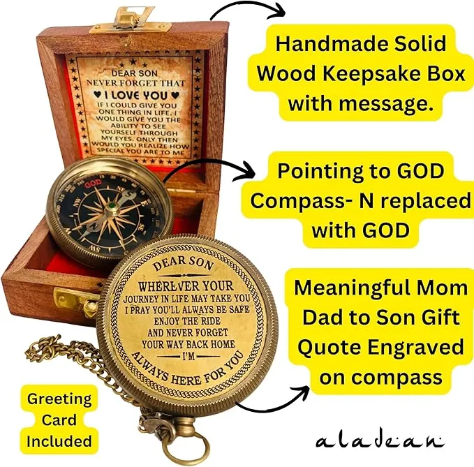 Gift for Son from Mom Dad | Engraved Compass 2" - Father to Son Gifts, Mom to Son Gifts for Graduation, Birthday Baptism Confirmation Communion