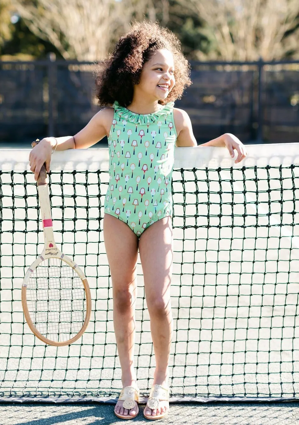 Girl's Ruffled One-Piece Swimsuit "Tennis, Anyone?"
