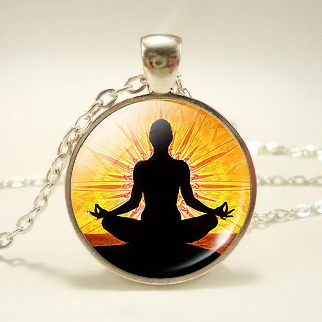 Glass Cabochon Buddhism Indian Chakra Symbols Sign Necklace  Pendant