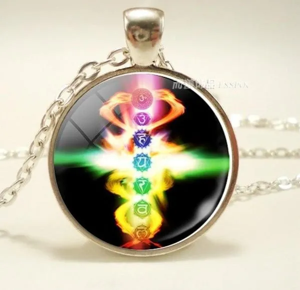 Glass Cabochon Buddhism Indian Chakra Symbols Sign Necklace  Pendant