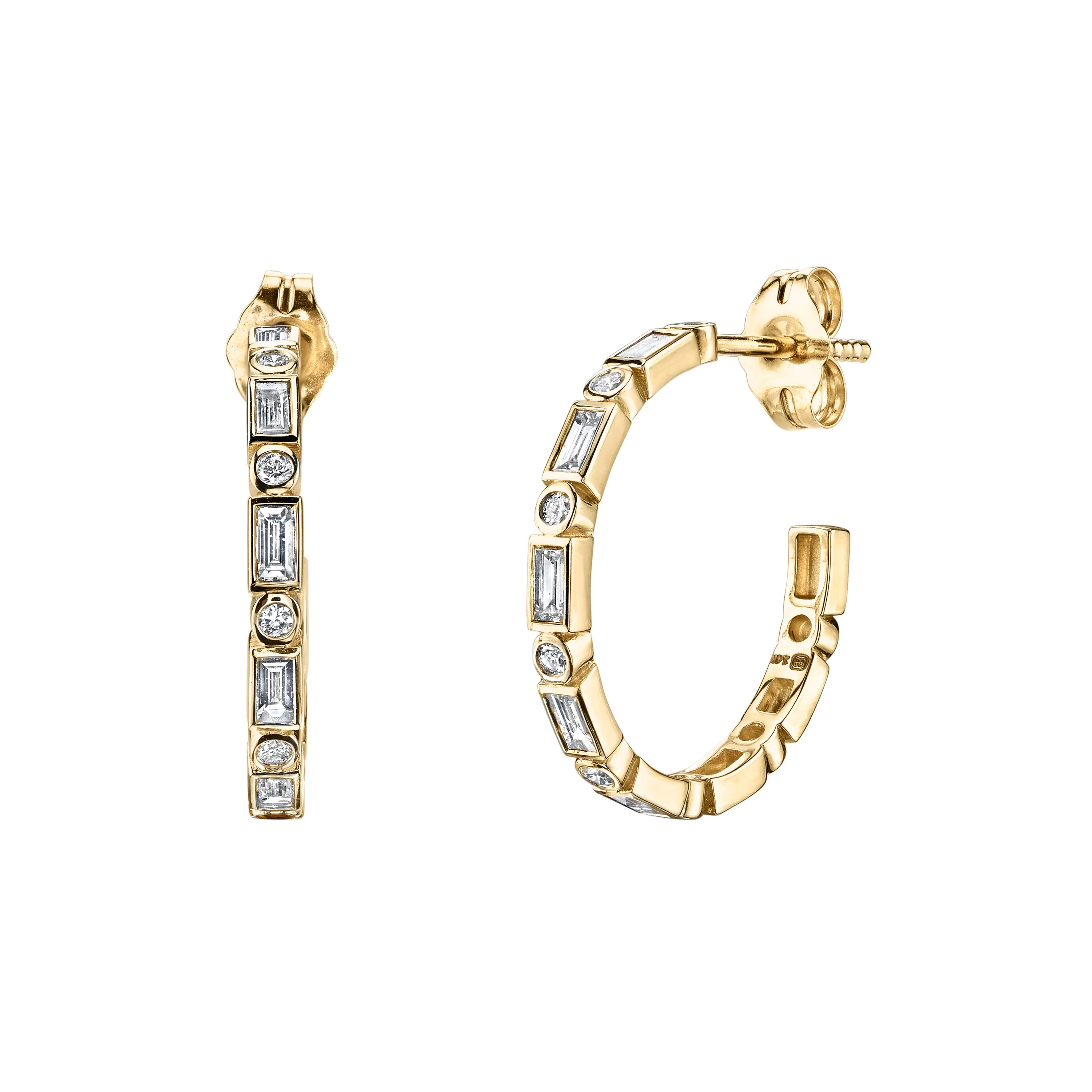 Gold & Diamond Baguette and Round Bezel Medium Hoops