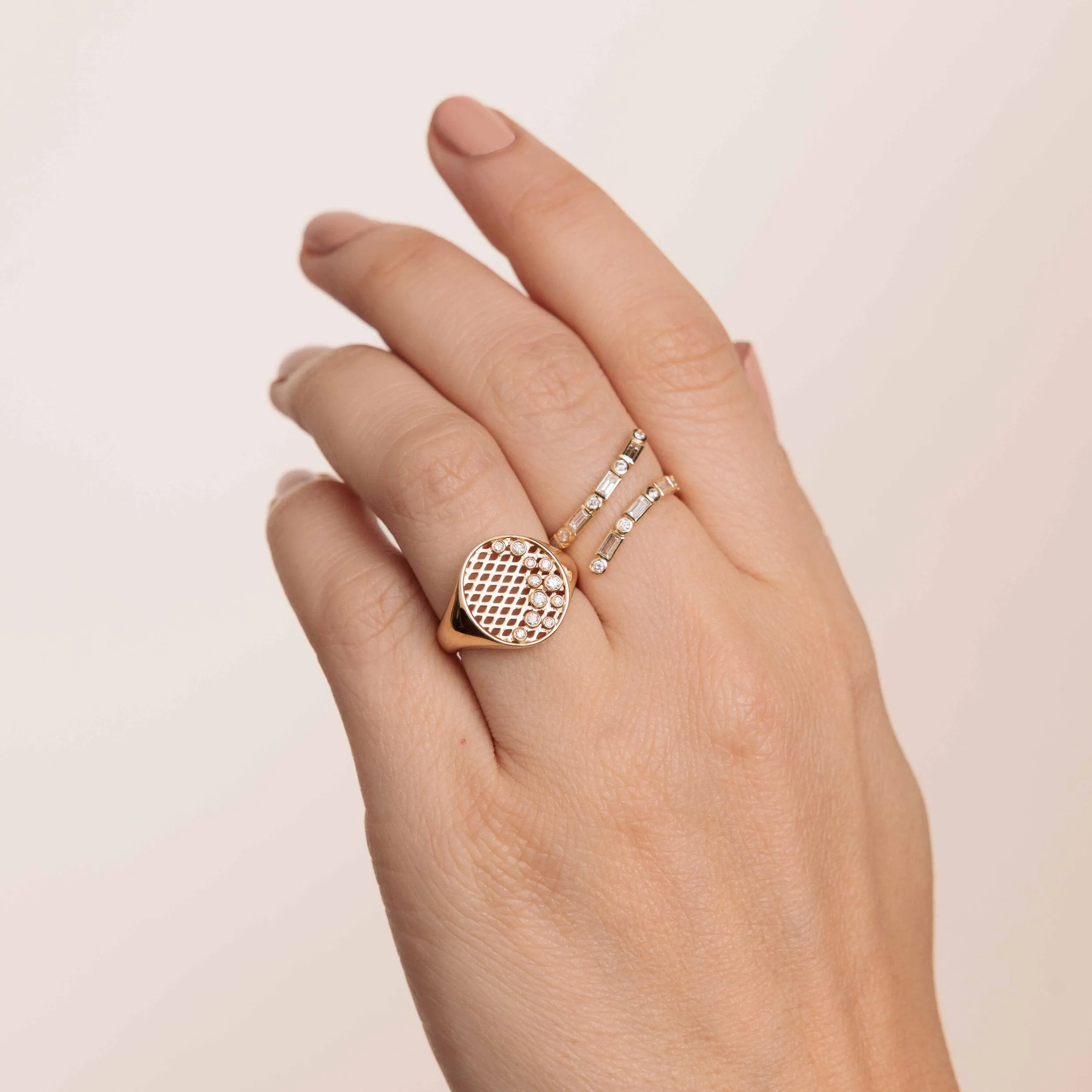 Gold & Diamond Oval Fishnet Signet Ring