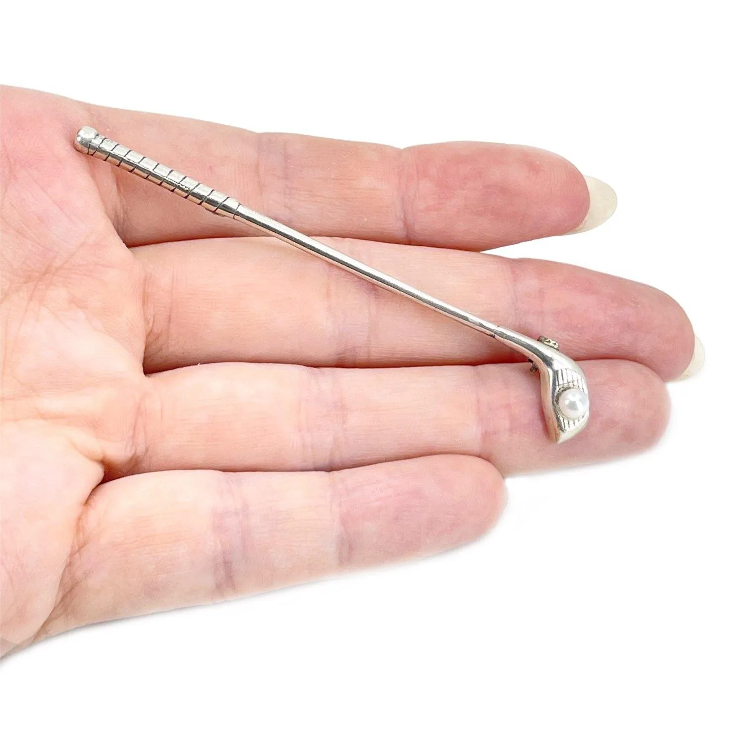 Golf Club Retro Japanese Saltwater Akoya Cultured Pearl Brooch- Sterling Silver