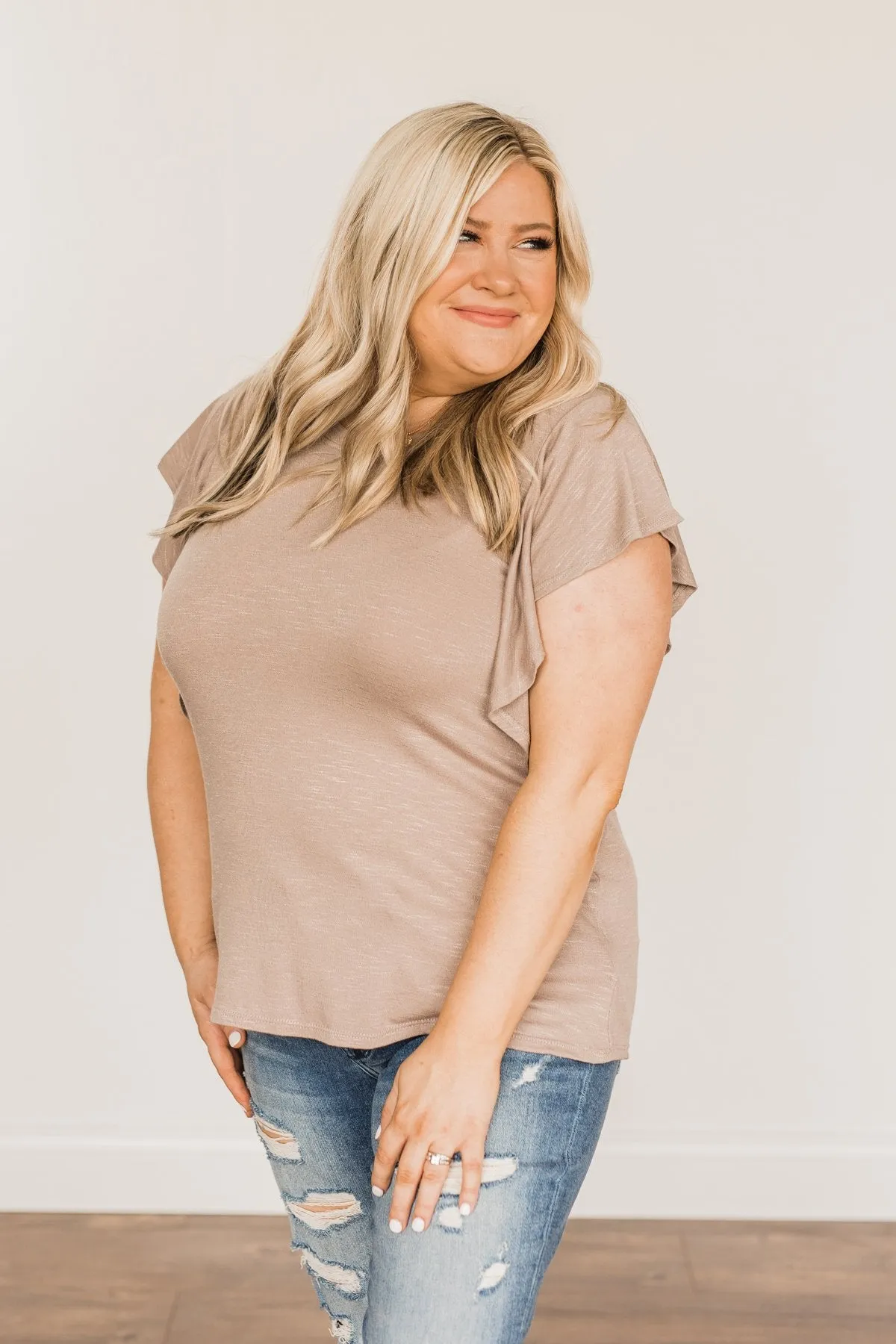 Gorgeous & Graceful Ruffle Top- Taupe