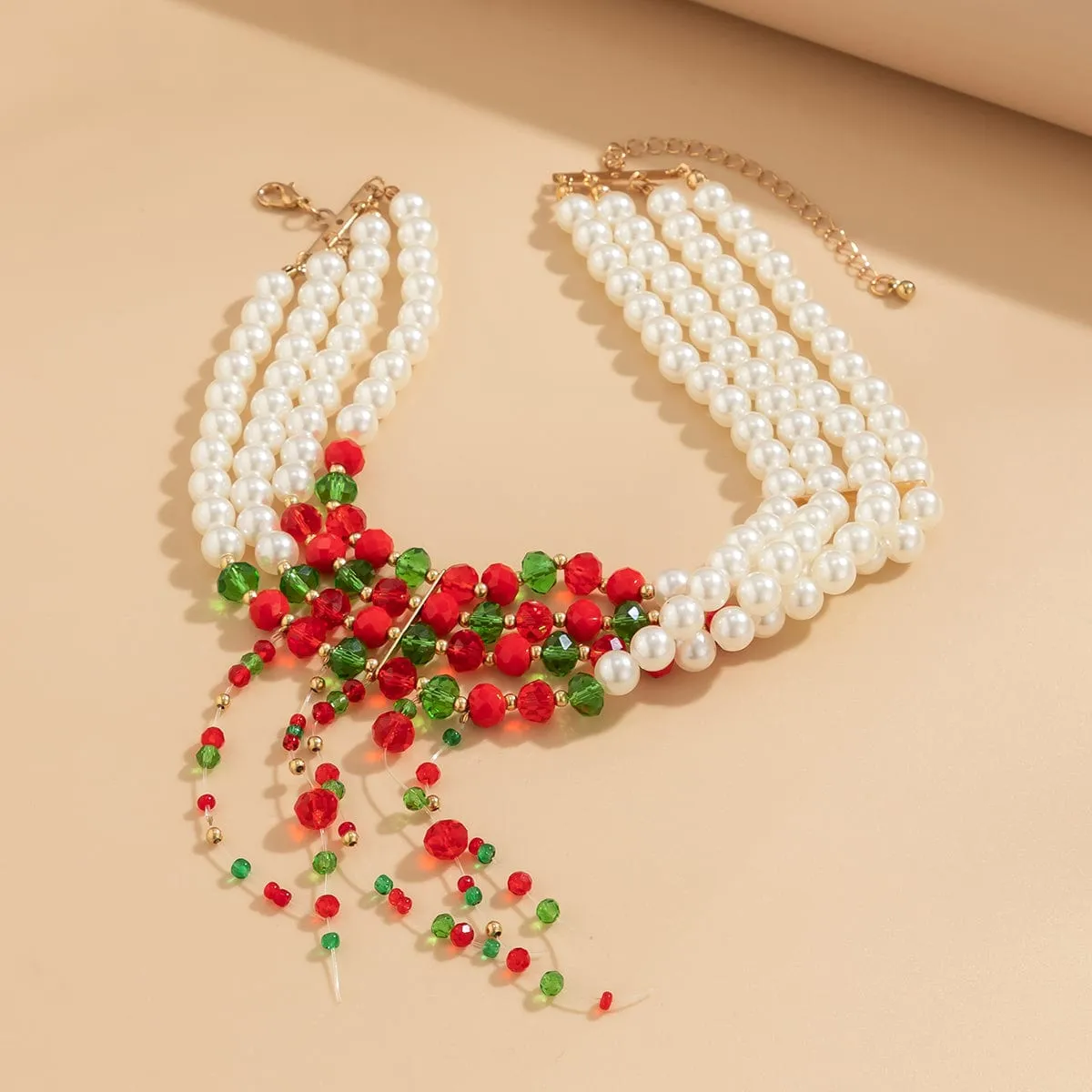 Gothic Four Layered Two Tone Rhinestone Tassel Pearl Chain Choker Necklace