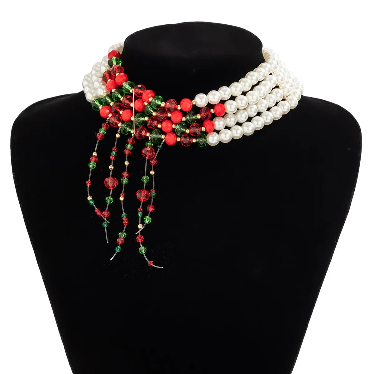 Gothic Four Layered Two Tone Rhinestone Tassel Pearl Chain Choker Necklace