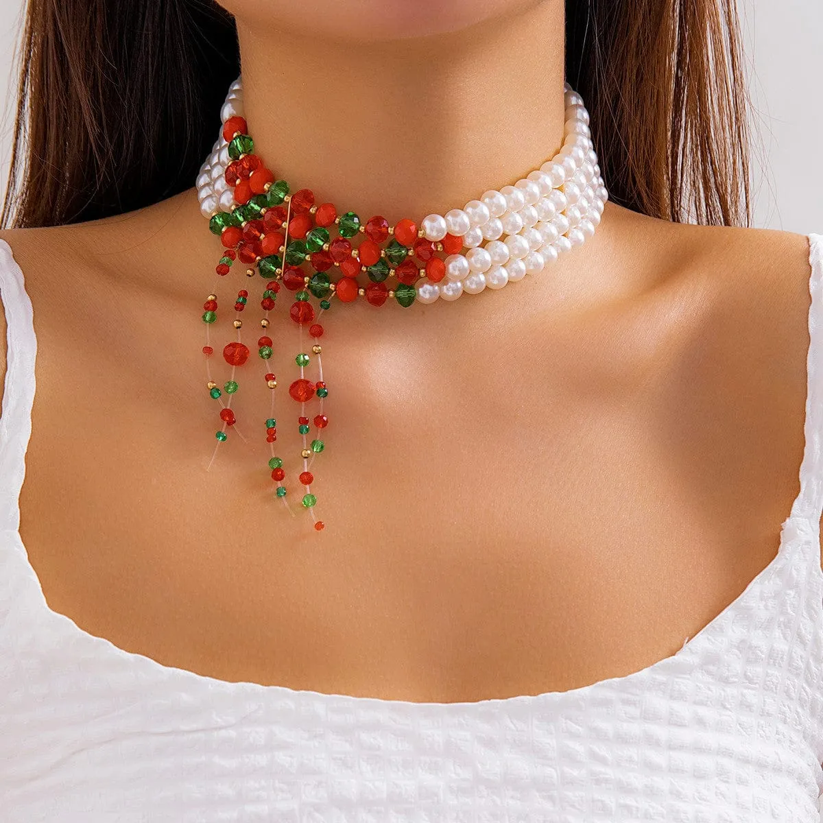 Gothic Four Layered Two Tone Rhinestone Tassel Pearl Chain Choker Necklace