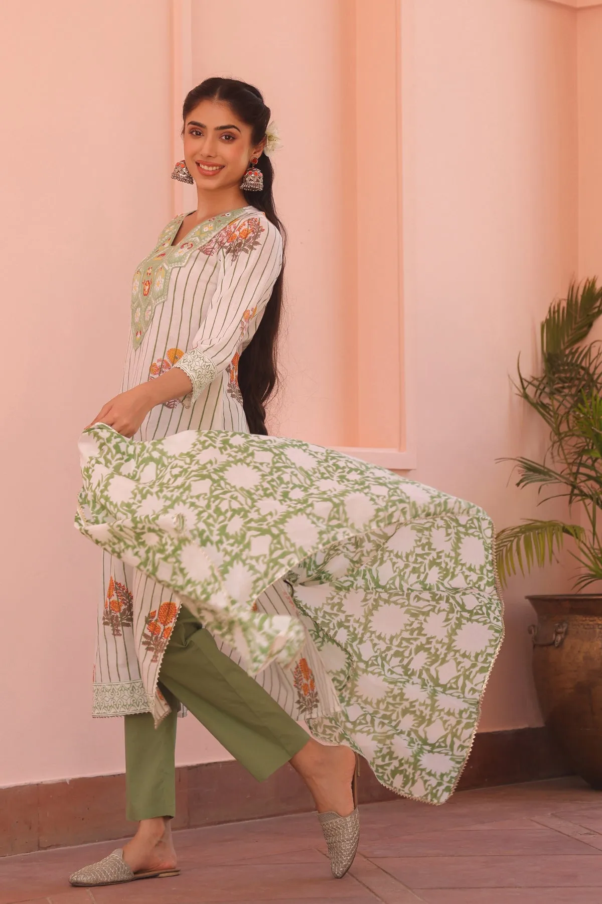 Green Cotton Block-Printed Embroidered Straight Suit Set