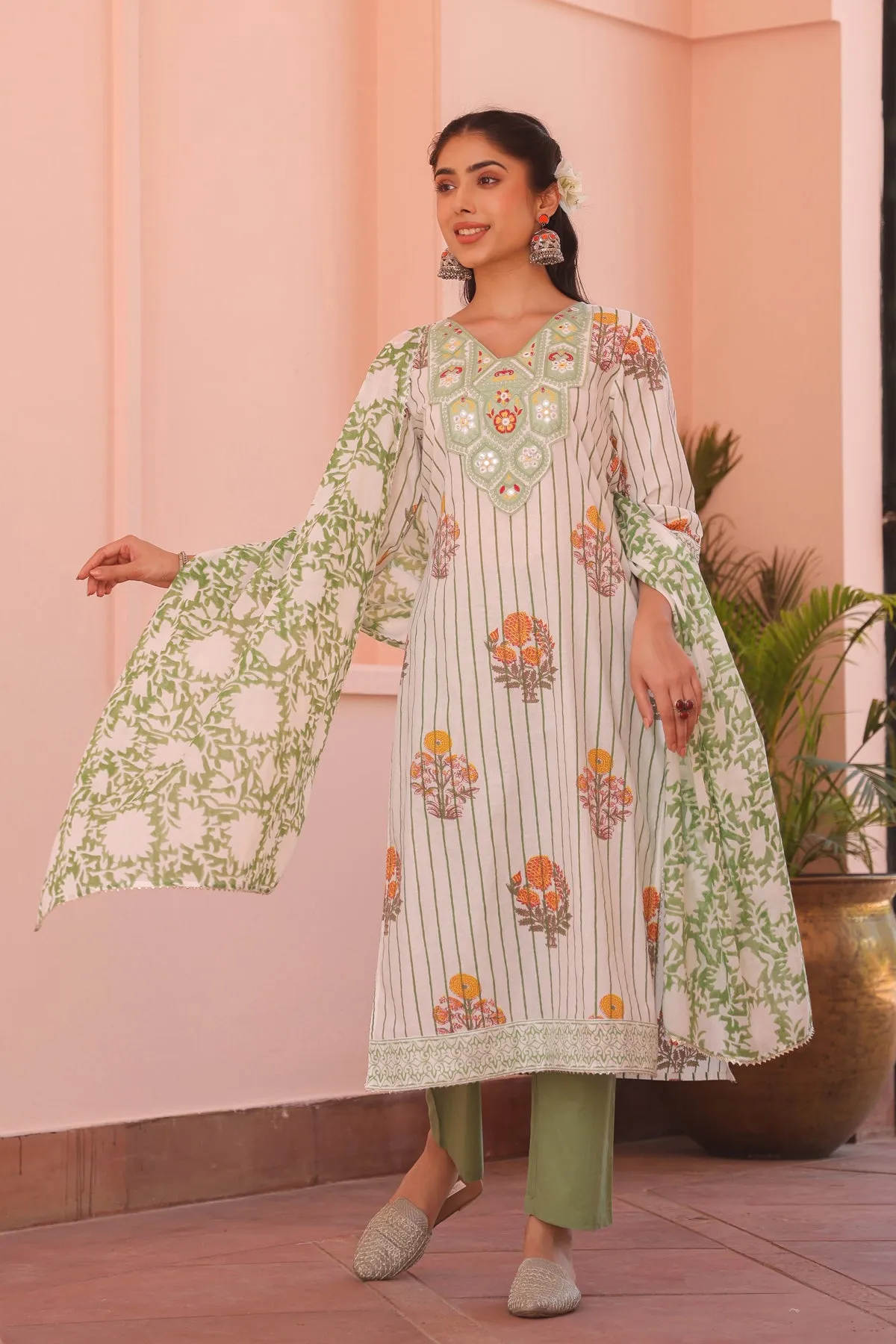 Green Cotton Block-Printed Embroidered Straight Suit Set