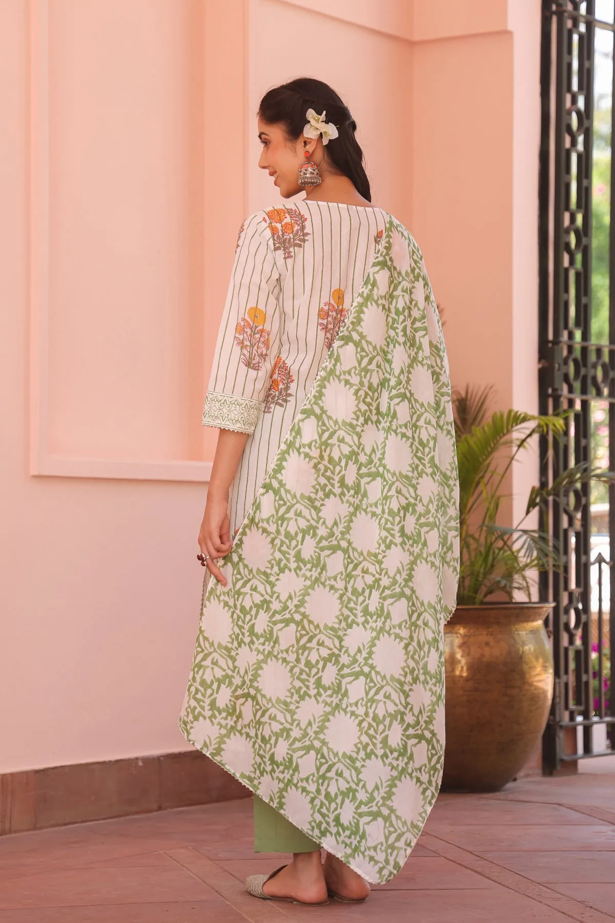 Green Cotton Block-Printed Embroidered Straight Suit Set