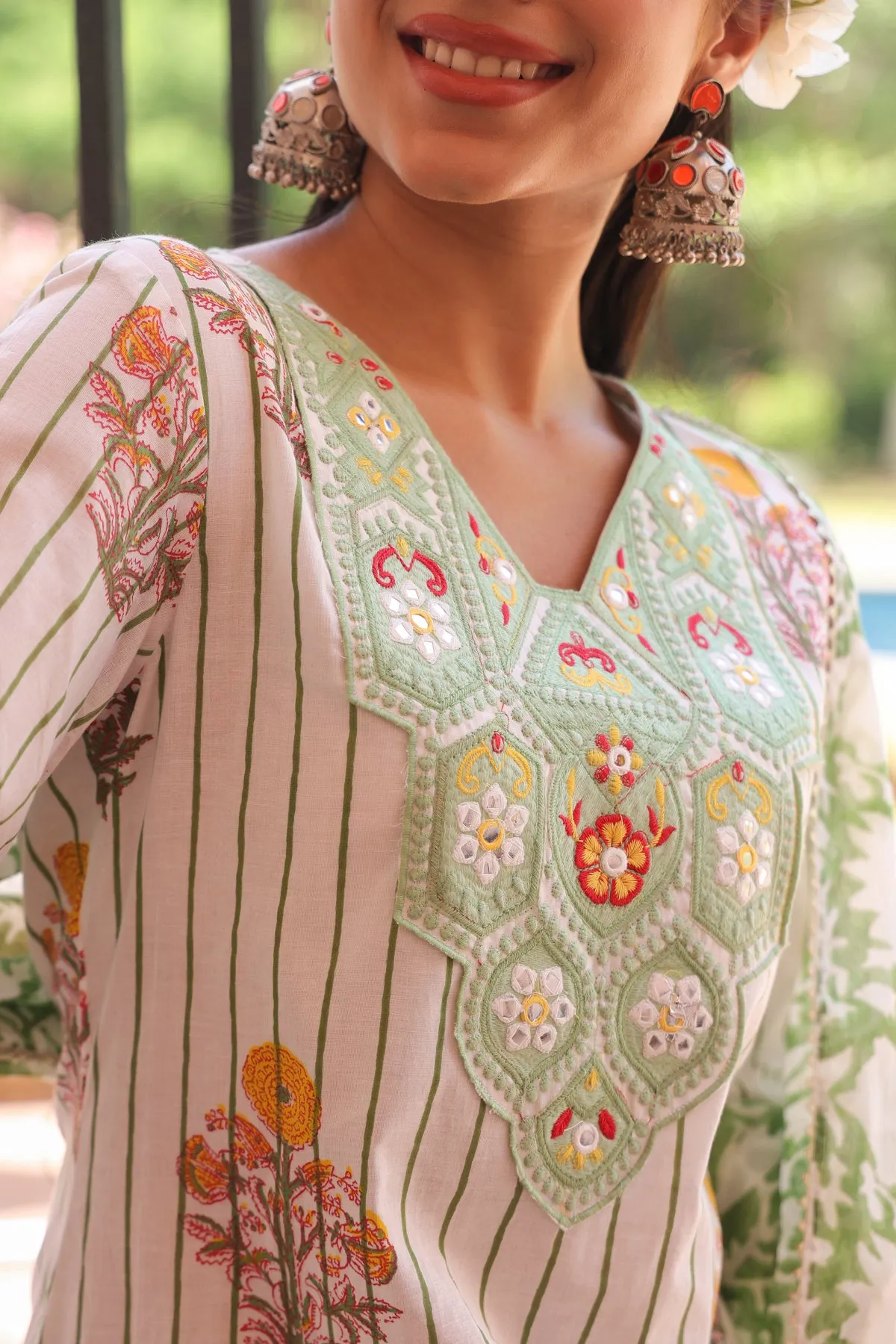 Green Cotton Block-Printed Embroidered Straight Suit Set