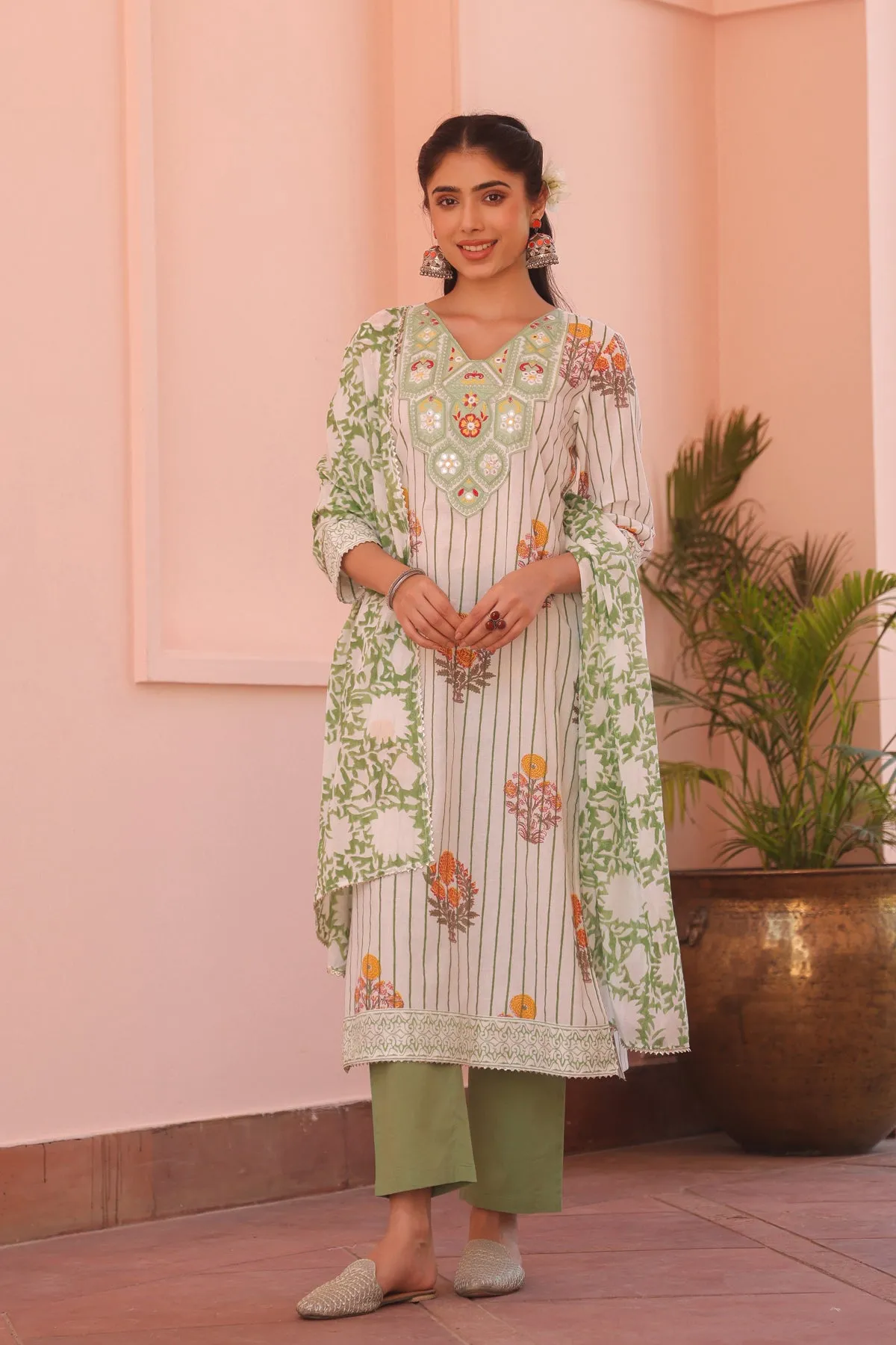 Green Cotton Block-Printed Embroidered Straight Suit Set