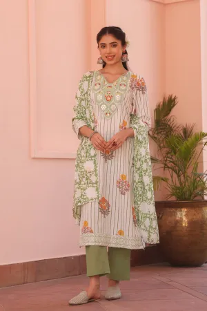 Green Cotton Block-Printed Embroidered Straight Suit Set