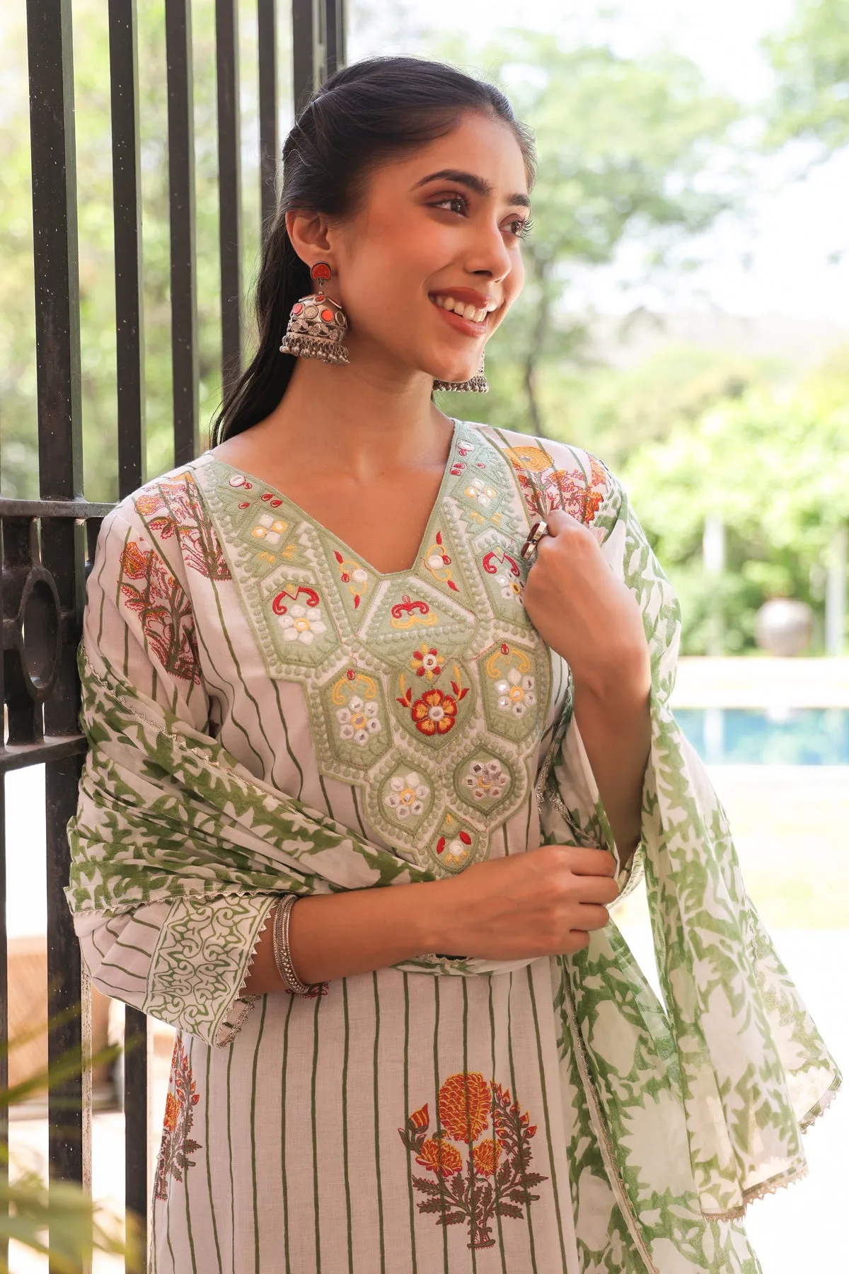 Green Cotton Block-Printed Embroidered Straight Suit Set