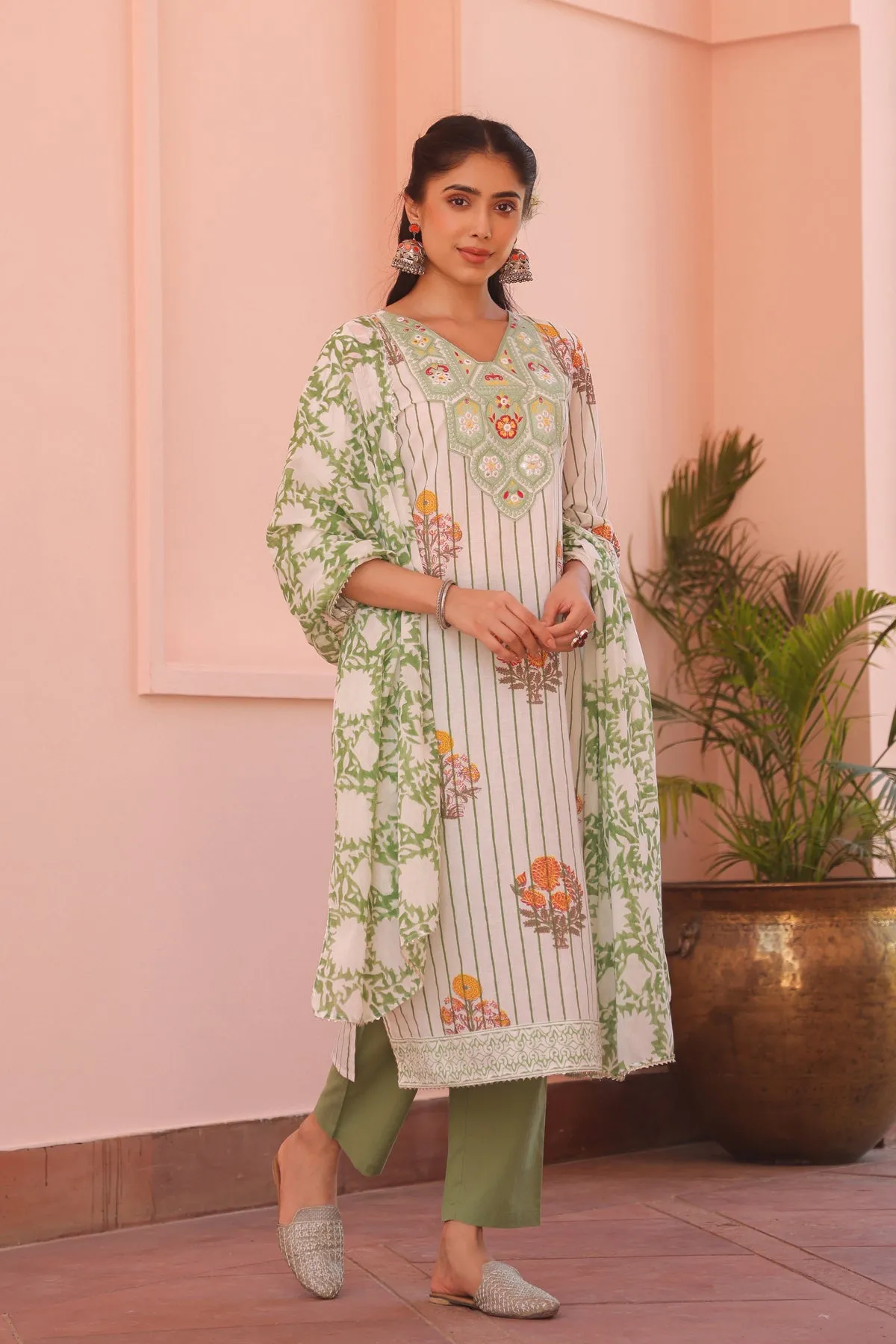 Green Cotton Block-Printed Embroidered Straight Suit Set